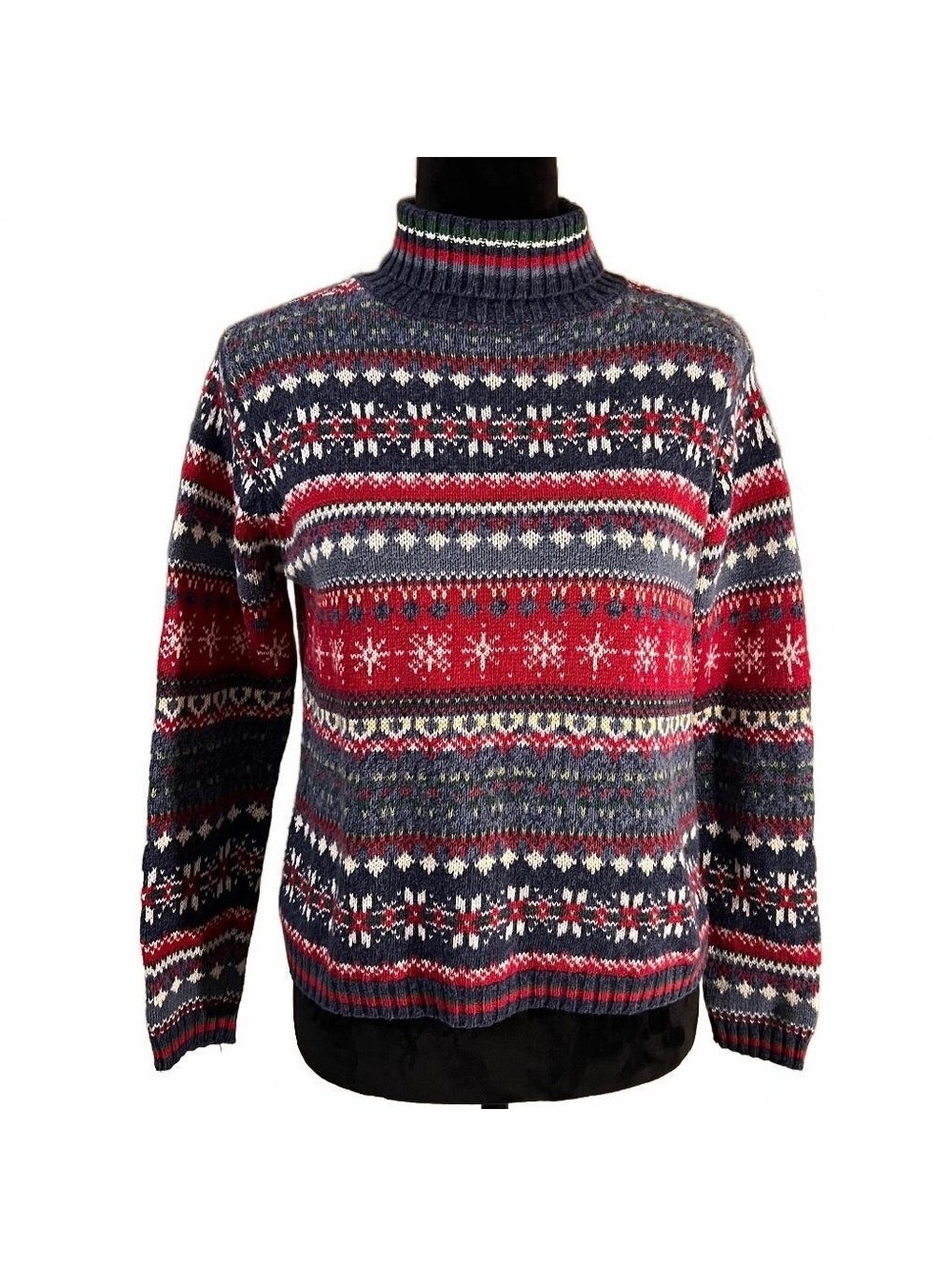 Vintage 90’s Blue Red Fair Isle Snowflake Cotton Knit Turtleneck Ski Cottage